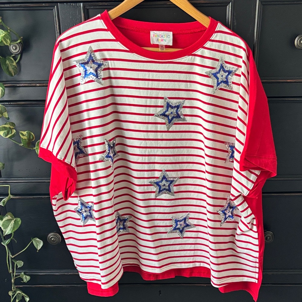Fantastic Fawn Women’s M Red and White Striped Oversized Tee with Sequin Stars